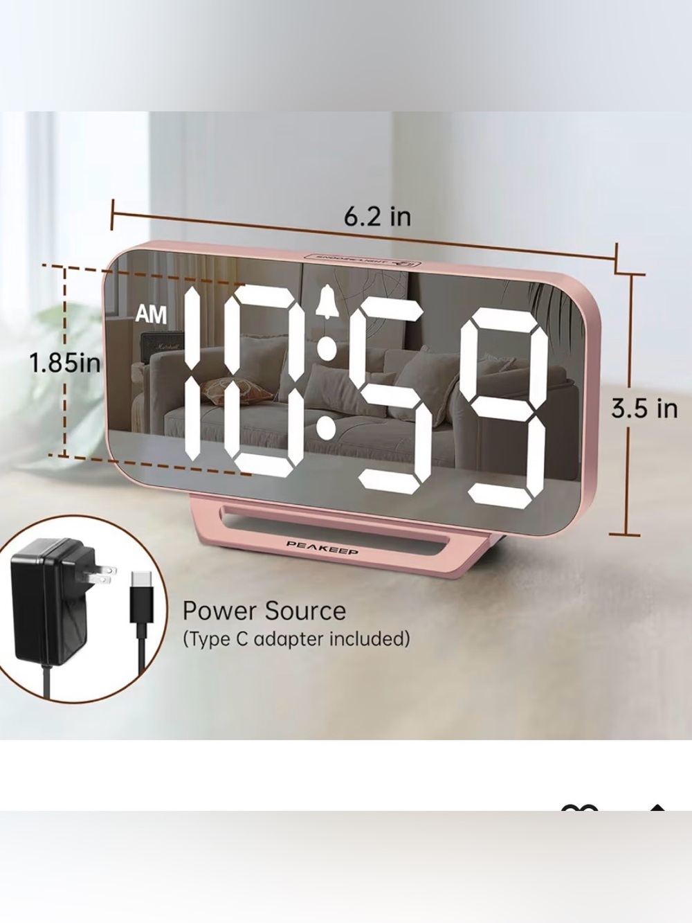 Peakeep Slim Digital Mirror Aesthetic Alarm Clock in Rose Gold Model MHP6030 - Picture 2 of 5